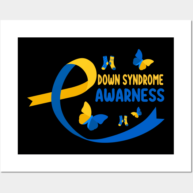 World Down Syndrome Socks T21 Blue And Yellow Ribbon Wall Art by DesignHND